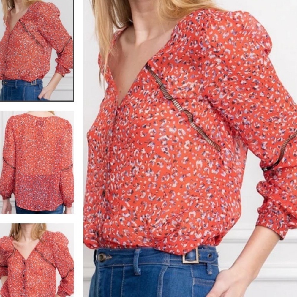 The Shirt Rochelle Behrens Red Leopard Print V-Neck Ladder Trim Blouse Sz L